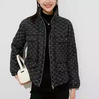 晚白 格子立领休闲长袖棉服 女款 黑色