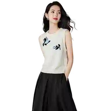 晚白 清新花朵圆领百搭无袖背心针织衫 女款