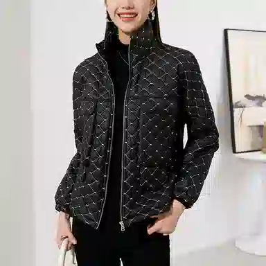 晚白 格子立领休闲长袖棉服 女款 黑色