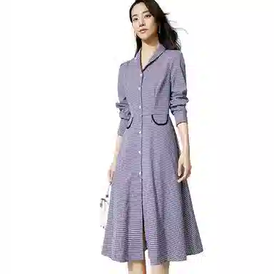 晚白 高腰翻领格纹连衣裙 女款 格子