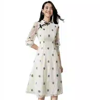 晚白 复古立领印花长袖连衣裙 女款 杏色