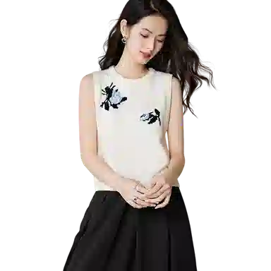 晚白 清新花朵圆领百搭无袖背心针织衫 女款