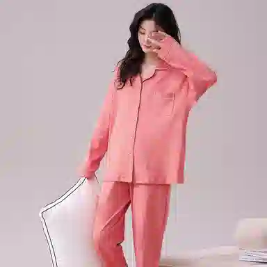 俏佳人 春秋季纯棉基础款开衫纽扣纯色睡衣女休闲长袖长裤宽松版可外穿 家居套装  女款  粉色