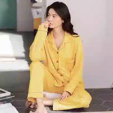 俏佳人 纯棉基础款开衫纽扣纯色睡衣女休闲长袖长裤宽松版可外穿 家居套装  女款  柠檬黄