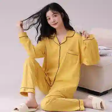 俏佳人 春秋季纯棉基础款开衫纽扣纯色睡衣女休闲长袖长裤宽松版可外穿 家居套装  女款  黄色