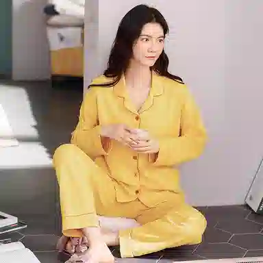 俏佳人 纯棉基础款开衫纽扣纯色睡衣女休闲长袖长裤宽松版可外穿 家居套装  女款  柠檬黄