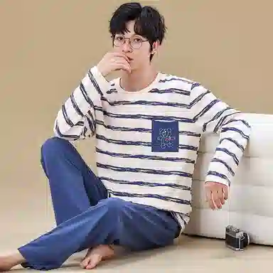 俏佳人 春秋季纯棉套头睡衣男士休闲宽松可外穿青少年长袖长裤 家居套装  男款  米白条纹