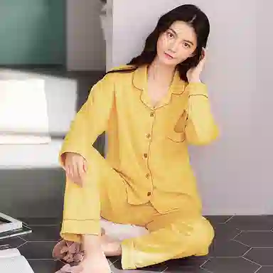俏佳人 纯棉基础款开衫纽扣纯色睡衣女休闲长袖长裤宽松版可外穿 家居套装  女款  柠檬黄