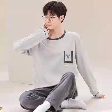 俏佳人 纯棉套头睡衣男士春秋季纯色简约休闲宽松可外穿青少年长袖长裤 家居套装  男款  灰白色