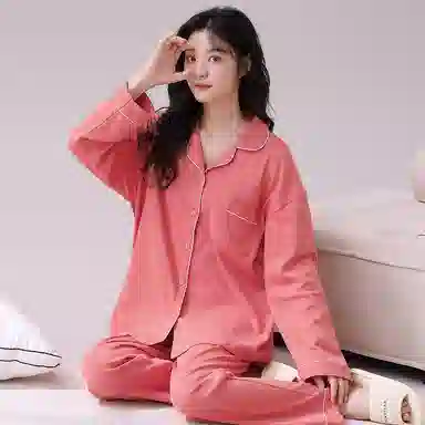 俏佳人 春秋季纯棉基础款开衫纽扣纯色睡衣女休闲长袖长裤宽松版可外穿 家居套装  女款  粉色