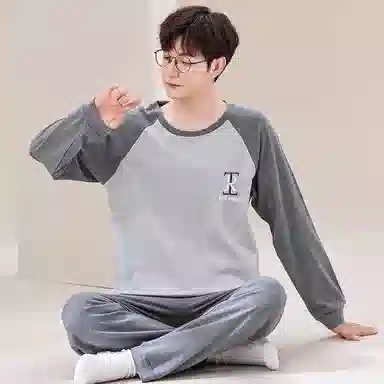 俏佳人 纯棉套头睡衣男士春秋季纯色简约休闲宽松可外穿青少年长袖长裤 家居套装  男款  灰色