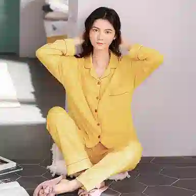 俏佳人 纯棉基础款开衫纽扣纯色睡衣女休闲长袖长裤宽松版可外穿 家居套装  女款  柠檬黄