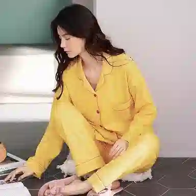 俏佳人 纯棉基础款开衫纽扣纯色睡衣女休闲长袖长裤宽松版可外穿 家居套装  女款  柠檬黄