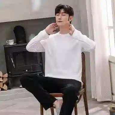 俏佳人 简约净色纯棉套头春秋季睡衣男士休闲宽松可外穿青少年长袖长裤 家居套装  男款  黑色 白色