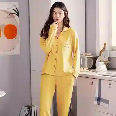 俏佳人 纯棉基础款开衫纽扣纯色睡衣女休闲长袖长裤宽松版可外穿 家居套装  女款  柠檬黄