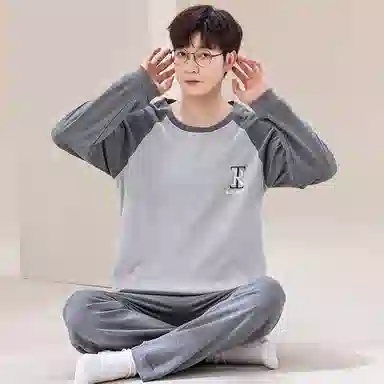 俏佳人 纯棉套头睡衣男士春秋季纯色简约休闲宽松可外穿青少年长袖长裤 家居套装  男款  灰色