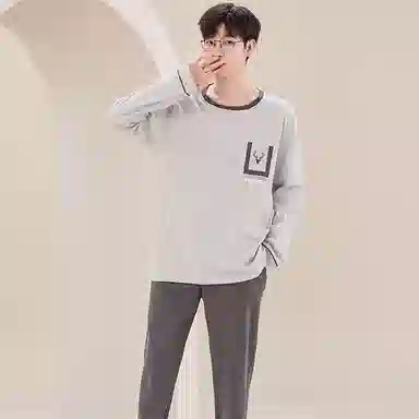 俏佳人 纯棉套头睡衣男士春秋季纯色简约休闲宽松可外穿青少年长袖长裤 家居套装  男款  灰白色