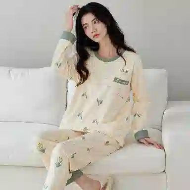 俏佳人 纯棉免穿文胸睡衣女印花长袖春秋季圆领套头柔软透气舒适带胸垫可外穿 家居套装  女款  杏色