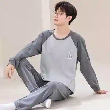 俏佳人 纯棉套头睡衣男士春秋季纯色简约休闲宽松可外穿青少年长袖长裤 家居套装  男款  灰色