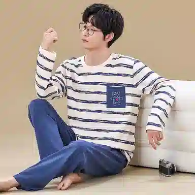 俏佳人 春秋季纯棉套头睡衣男士休闲宽松可外穿青少年长袖长裤 家居套装  男款  米白条纹