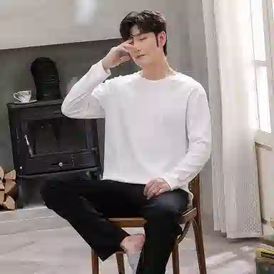 俏佳人 简约净色纯棉套头春秋季睡衣男士休闲宽松可外穿青少年长袖长裤 家居套装  男款  黑色 白色