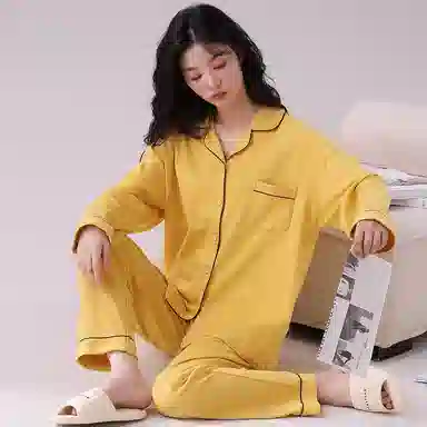 俏佳人 春秋季纯棉基础款开衫纽扣纯色睡衣女休闲长袖长裤宽松版可外穿 家居套装  女款  黄色