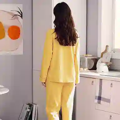 俏佳人 纯棉基础款开衫纽扣纯色睡衣女休闲长袖长裤宽松版可外穿 家居套装  女款  柠檬黄