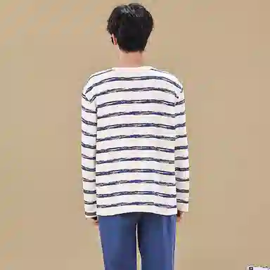 俏佳人 春秋季纯棉套头睡衣男士休闲宽松可外穿青少年长袖长裤 家居套装  男款  米白条纹