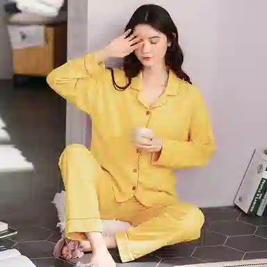 俏佳人 纯棉基础款开衫纽扣纯色睡衣女休闲长袖长裤宽松版可外穿 家居套装  女款  柠檬黄