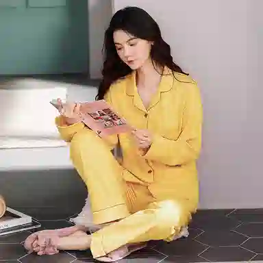 俏佳人 纯棉基础款开衫纽扣纯色睡衣女休闲长袖长裤宽松版可外穿 家居套装  女款  柠檬黄