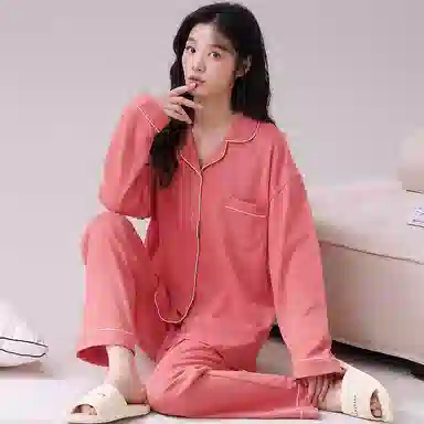 俏佳人 春秋季纯棉基础款开衫纽扣纯色睡衣女休闲长袖长裤宽松版可外穿 家居套装  女款  粉色