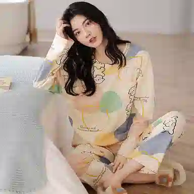 俏佳人 纯棉拼色免穿文胸睡衣女卡通长袖春秋季圆领套头柔软透气舒适带胸垫可外穿 家居套装  女款  杏色