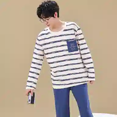 俏佳人 春秋季纯棉套头睡衣男士休闲宽松可外穿青少年长袖长裤 家居套装  男款  米白条纹