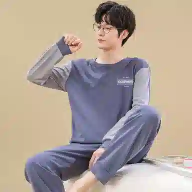 俏佳人 春秋季纯棉套头睡衣男士纯色休闲宽松可外穿青少年长袖长裤 家居套装  男款  灰蓝色