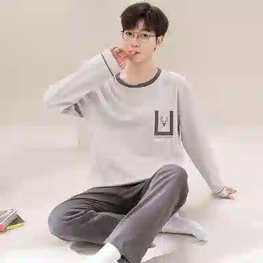 俏佳人 纯棉套头睡衣男士春秋季纯色简约休闲宽松可外穿青少年长袖长裤 家居套装  男款  灰白色