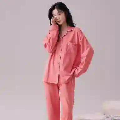 俏佳人 春秋季纯棉基础款开衫纽扣纯色睡衣女休闲长袖长裤宽松版可外穿 家居套装  女款  粉色