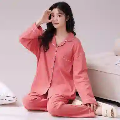 俏佳人 春秋季纯棉基础款开衫纽扣纯色睡衣女休闲长袖长裤宽松版可外穿 家居套装  女款  粉色