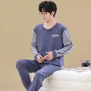 俏佳人 春秋季纯棉套头睡衣男士纯色休闲宽松可外穿青少年长袖长裤 家居套装  男款  灰蓝色