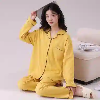 俏佳人 春秋季纯棉基础款开衫纽扣纯色睡衣女休闲长袖长裤宽松版可外穿 家居套装  女款  黄色