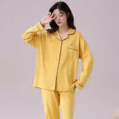 俏佳人 春秋季纯棉基础款开衫纽扣纯色睡衣女休闲长袖长裤宽松版可外穿 家居套装  女款  黄色