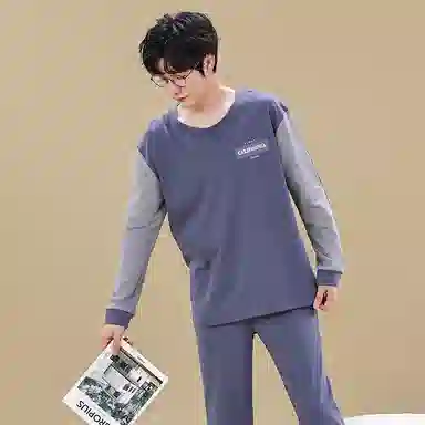 俏佳人 春秋季纯棉套头睡衣男士纯色休闲宽松可外穿青少年长袖长裤 家居套装  男款  灰蓝色