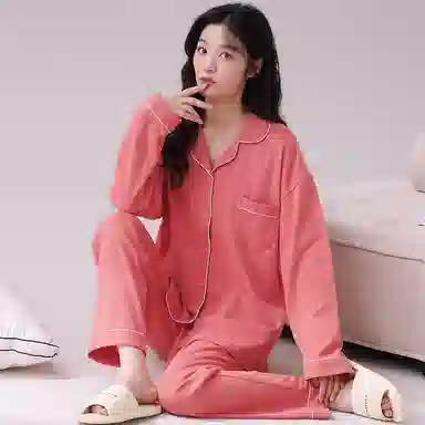 俏佳人 春秋季纯棉基础款开衫纽扣纯色睡衣女休闲长袖长裤宽松版可外穿 家居套装  女款  粉色