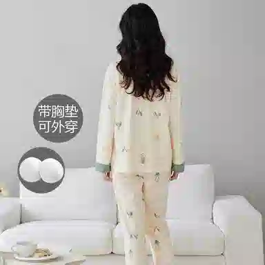 俏佳人 纯棉免穿文胸睡衣女印花长袖春秋季圆领套头柔软透气舒适带胸垫可外穿 家居套装  女款  杏色