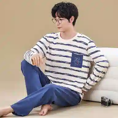 俏佳人 春秋季纯棉套头睡衣男士休闲宽松可外穿青少年长袖长裤 家居套装  男款  米白条纹