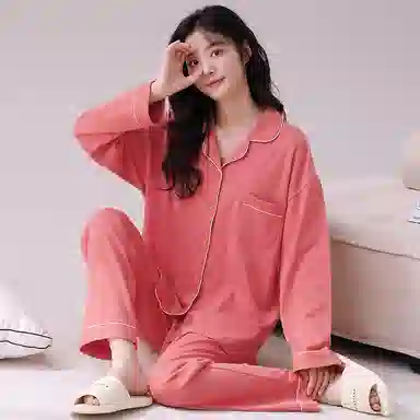 俏佳人 春秋季纯棉基础款开衫纽扣纯色睡衣女休闲长袖长裤宽松版可外穿 家居套装  女款  粉色
