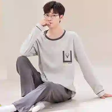 俏佳人 纯棉套头睡衣男士春秋季纯色简约休闲宽松可外穿青少年长袖长裤 家居套装  男款  灰白色