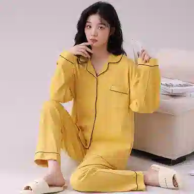 俏佳人 春秋季纯棉基础款开衫纽扣纯色睡衣女休闲长袖长裤宽松版可外穿 家居套装  女款  黄色
