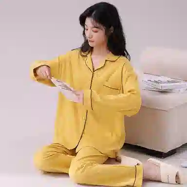 俏佳人 春秋季纯棉基础款开衫纽扣纯色睡衣女休闲长袖长裤宽松版可外穿 家居套装  女款  黄色