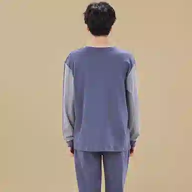 俏佳人 春秋季纯棉套头睡衣男士纯色休闲宽松可外穿青少年长袖长裤 家居套装  男款  灰蓝色