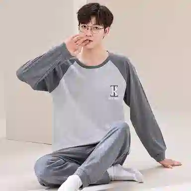 俏佳人 纯棉套头睡衣男士春秋季纯色简约休闲宽松可外穿青少年长袖长裤 家居套装  男款  灰色